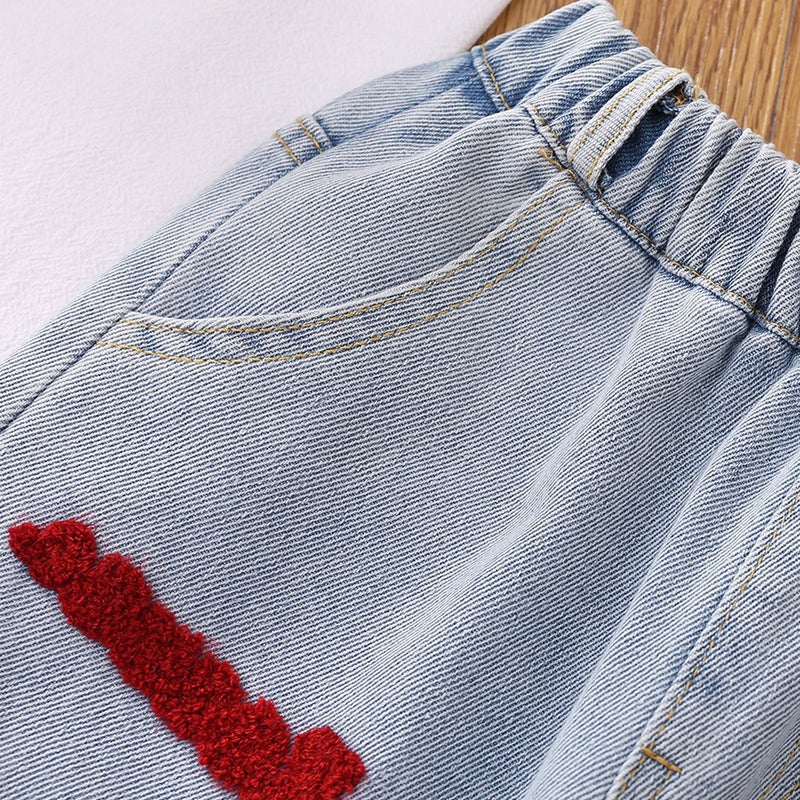 Girls' Jeans Towel Embroidered Letters Four Seasons New Fashionable Casual Medium And Big Children Wide Leg Pants Loose Girl - Image 4