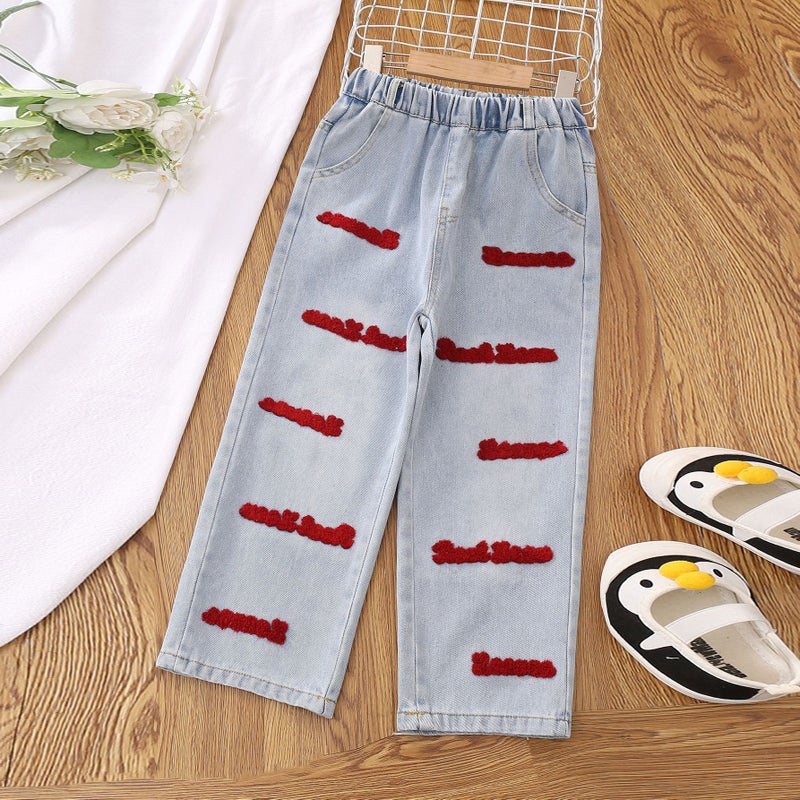 Girls' Jeans Towel Embroidered Letters Four Seasons New Fashionable Casual Medium And Big Children Wide Leg Pants Loose Girl - Image 1
