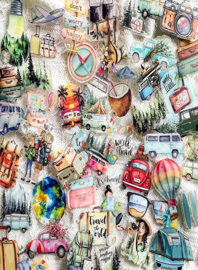 PIGBIT 50PCS Vintage Watercolor Travel Stickers - Retro Vacation Clear Aesthetic Outdoor Adventure Stickers for Scrapbooking, Journaling, Luggage, Travel Decor - Image 1