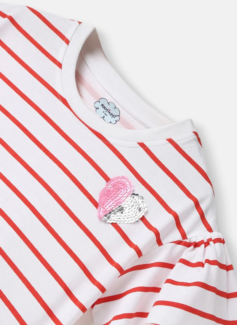 Nautinati White, Red Girls’ Cotton T-shirt |Striped T-shirt | Sequinned Flower | 4-8 Years for Women | Best Price UAE