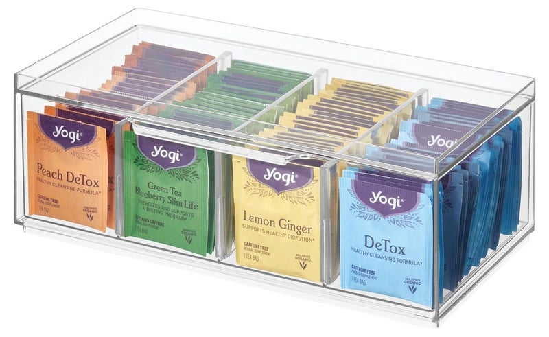 iDesign Crisp Tea Storage Organizer Clear 4 Compartment Acrylic Tea Bag Holder with Lid 12.5 x 6.25 x 4.5 Inch Kitchen Drawer Countertop Storage for Tea Coffee Sugar Sachets Organizer Box - Image 1