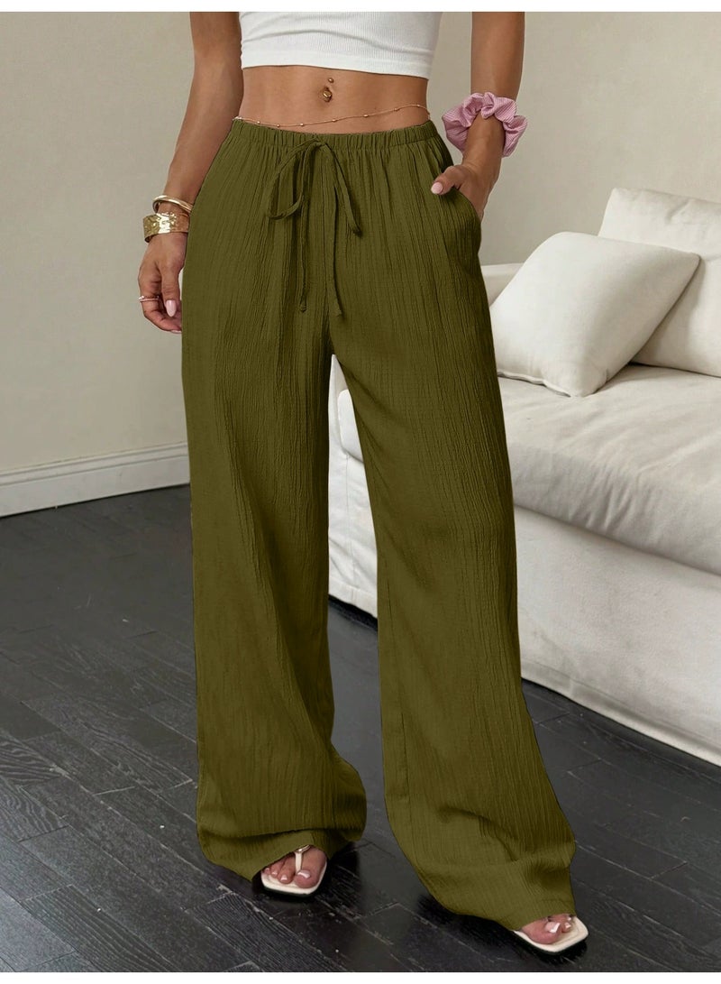 general 2025-2026 Women's casual solid-textured fabric knotted waist slant pocket wide-leg pants - Image 1