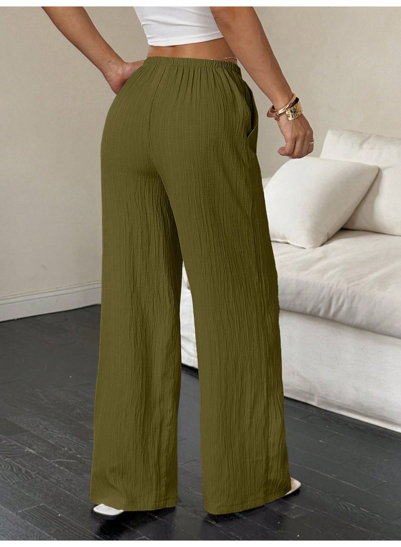 general 2025-2026 Women's casual solid-textured fabric knotted waist slant pocket wide-leg pants - Image 2
