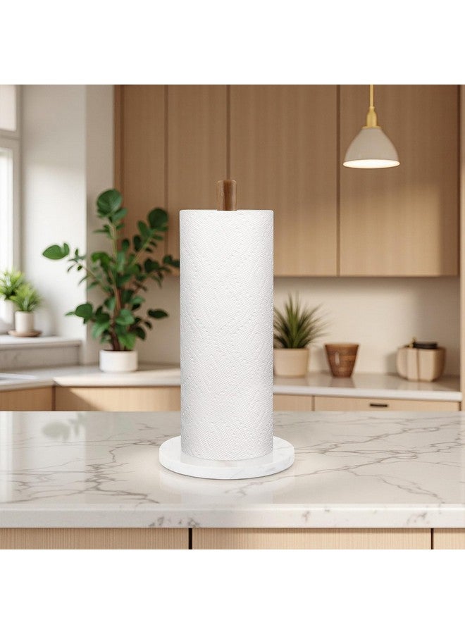 Buruis Wood Paper Towel Holder, Marble Base Modern Decorative Countertop Standing Rolls Holder for Kitchen, Toilet, Pantry and Bathroom (Marble Base White) - Image 2