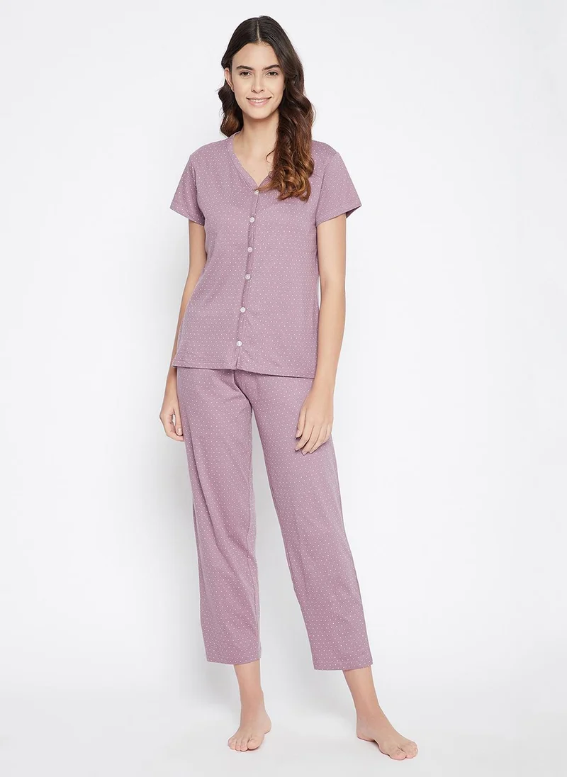 Clovia Clovia Polka Print Button Me Up Top & Pyjama Set in Mauve - 100% Cotton