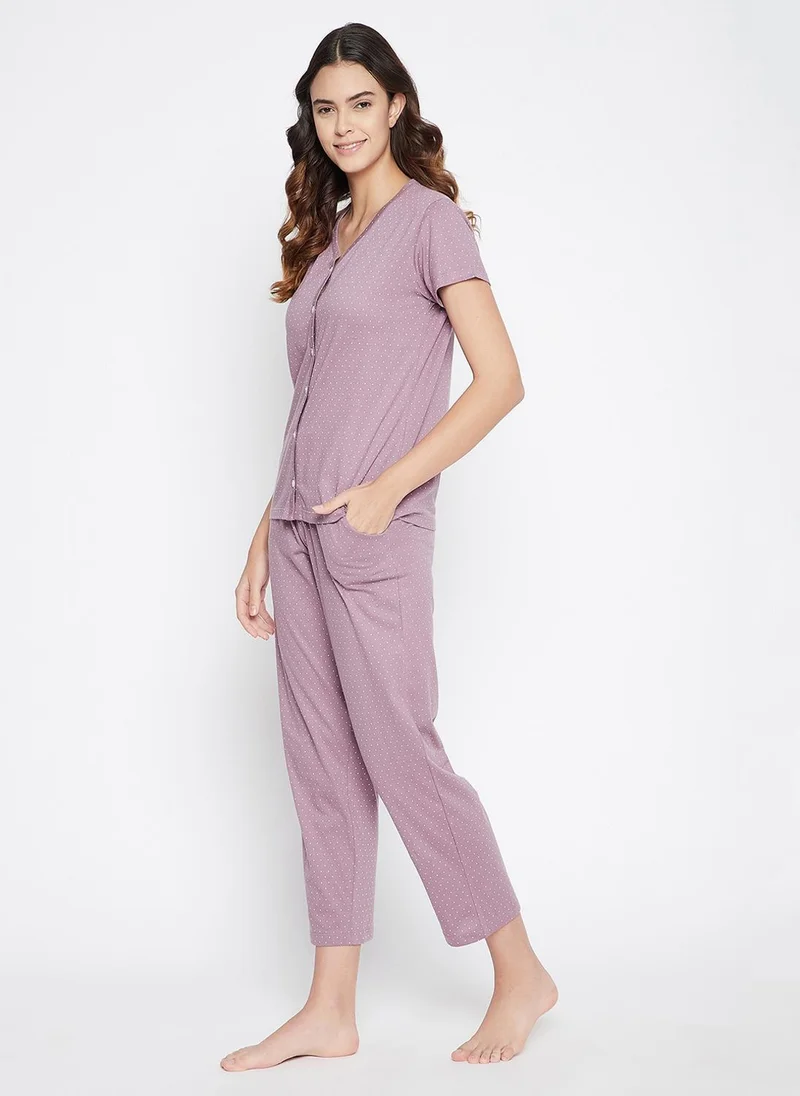 Clovia Clovia Polka Print Button Me Up Top & Pyjama Set in Mauve - 100% Cotton