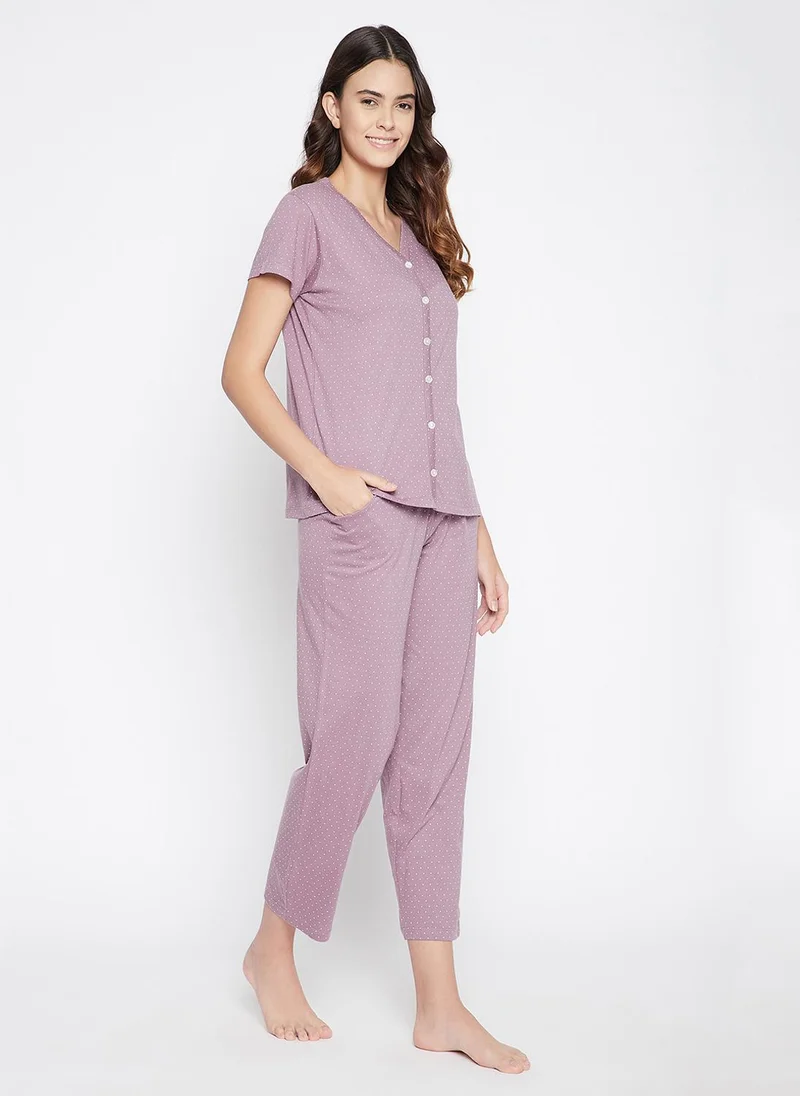 Clovia Clovia Polka Print Button Me Up Top & Pyjama Set in Mauve - 100% Cotton
