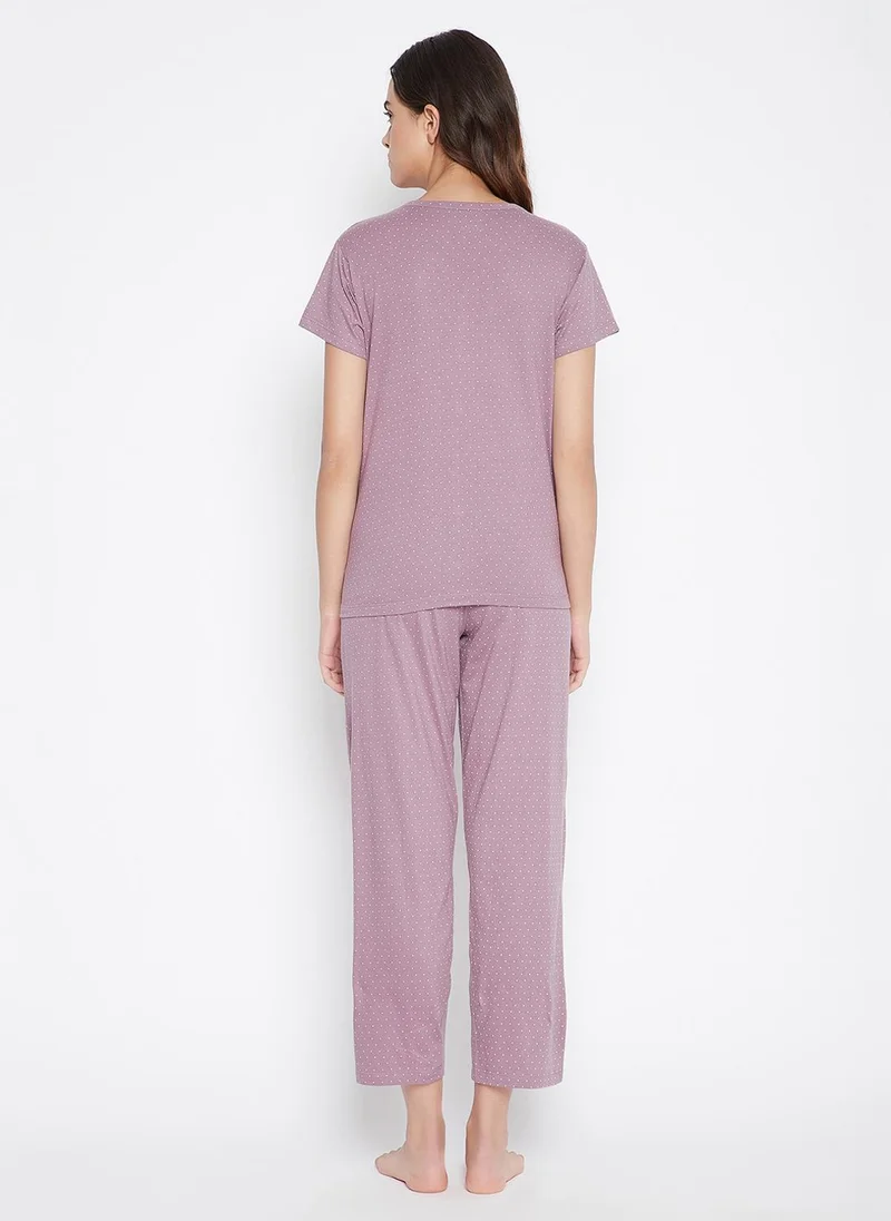 Clovia Clovia Polka Print Button Me Up Top & Pyjama Set in Mauve - 100% Cotton