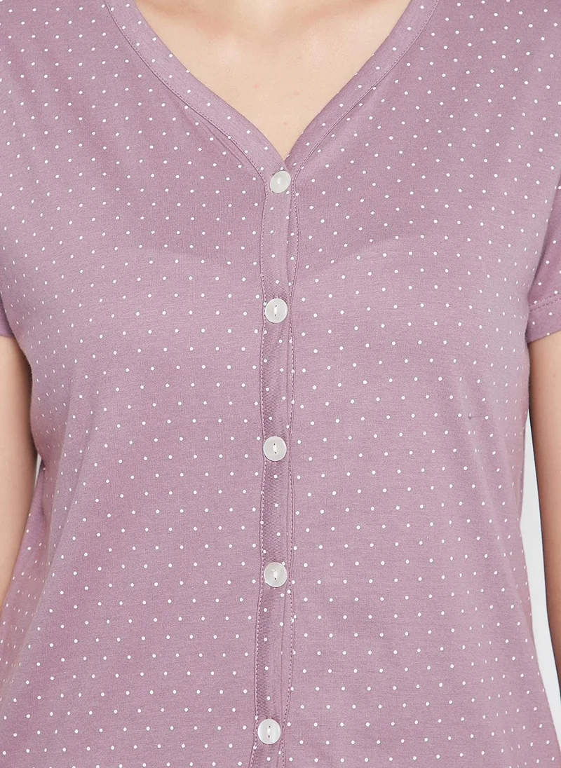Clovia Clovia Polka Print Button Me Up Top & Pyjama Set in Mauve - 100% Cotton