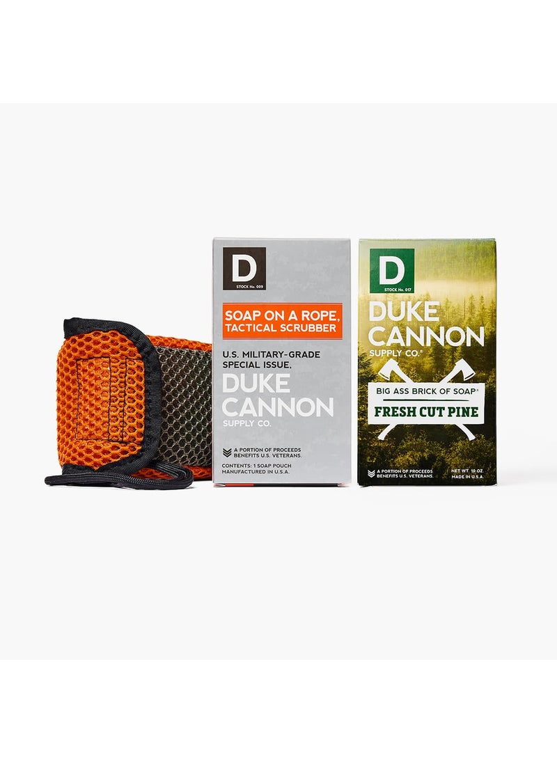 Duke Cannon Supply Co. Duke Cannon Bar Soap  Tactical Scrubber 2 Pack Bundle  Fresh Cut Pine Big Brick Soap 10 oz  MilitaryGrade Tactical Soap Pouch  TripleMilled Paracord Handle  Made in the USA 