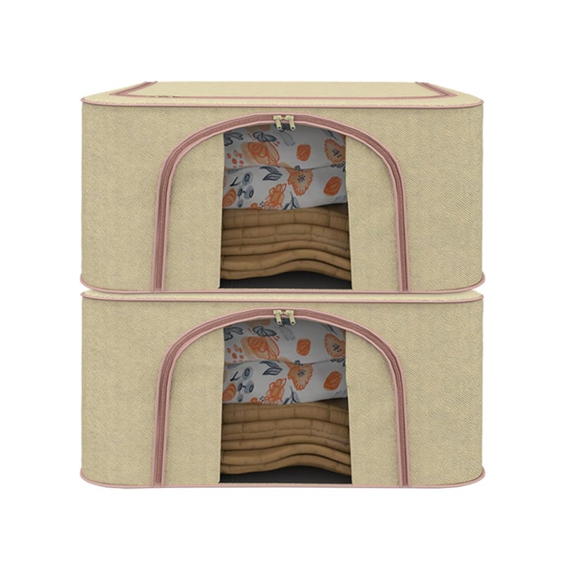 Kuber Industries Pack of 2 Foldable 66 Liter Cloth Organizer for Storage with Steel Frames Zip Handles See Through Saree Organiser for Wardrobe Seasonal Home Items LJ1BG Beige - Image 1