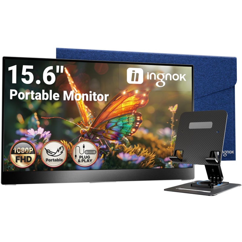 Ingnok Portable Monitor, Ultra Slim 15.6 Inch FHD IPS Laptop Screen Extender with Adjustable Stand, USB C Compatible, Ideal for Travel and Office - Image 1
