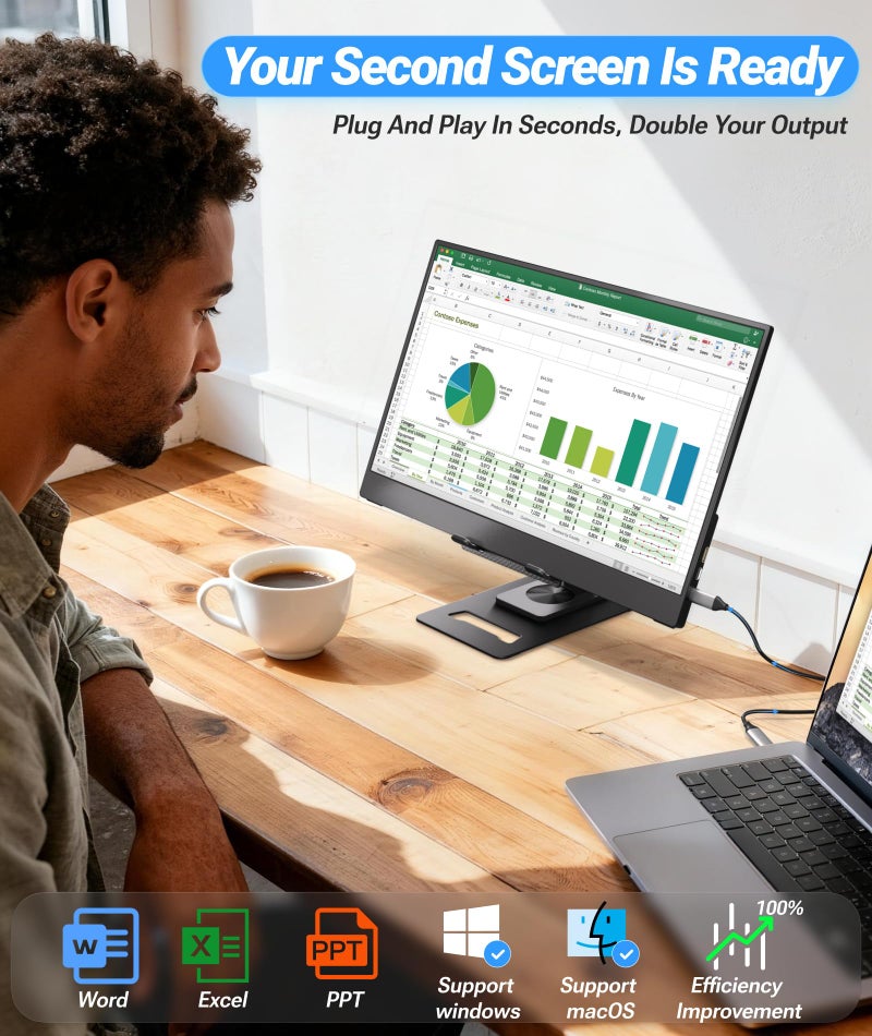Ingnok Portable Monitor, Ultra Slim 15.6 Inch FHD IPS Laptop Screen Extender with Adjustable Stand, USB C Compatible, Ideal for Travel and Office - Image 4