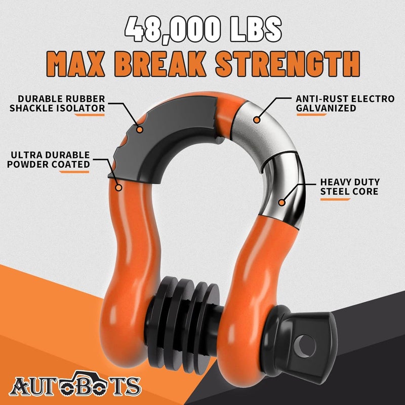AUTOBOTS Bow Shackles 3/4" D Ring Shackle (2 Pack), 48,000Ib Break Strength with 7/8" Pin, 2 Isolator and 4 Washers Kit for Offroad Vehicle Truck Recovery Orange - Image 2