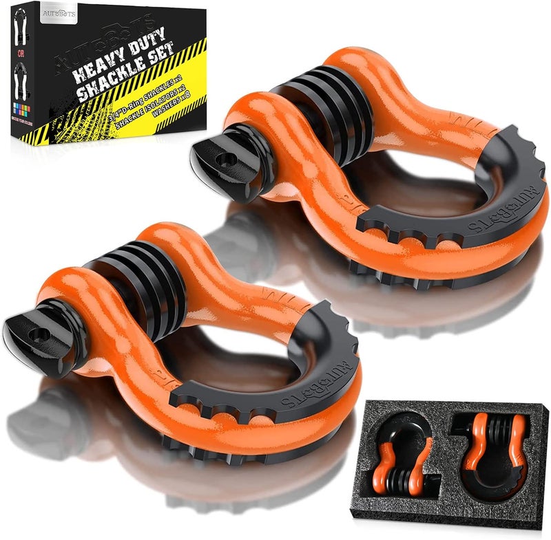 AUTOBOTS Bow Shackles 3/4" D Ring Shackle (2 Pack), 48,000Ib Break Strength with 7/8" Pin, 2 Isolator and 4 Washers Kit for Offroad Vehicle Truck Recovery Orange - Image 1