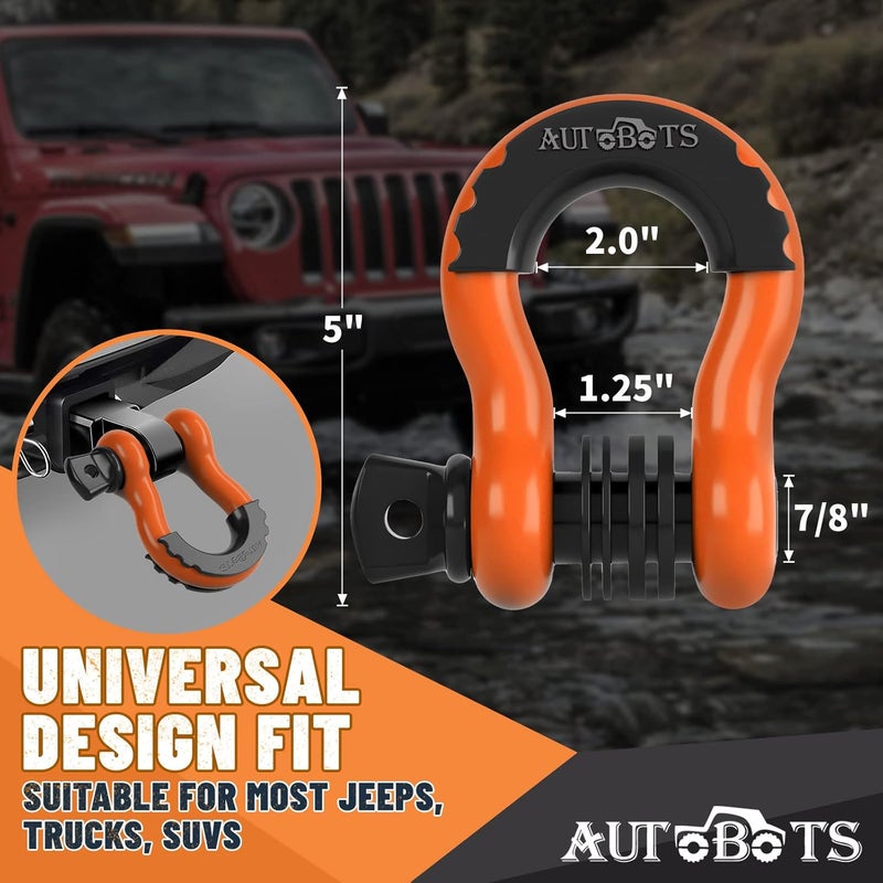 AUTOBOTS Bow Shackles 3/4" D Ring Shackle (2 Pack), 48,000Ib Break Strength with 7/8" Pin, 2 Isolator and 4 Washers Kit for Offroad Vehicle Truck Recovery Orange - Image 3