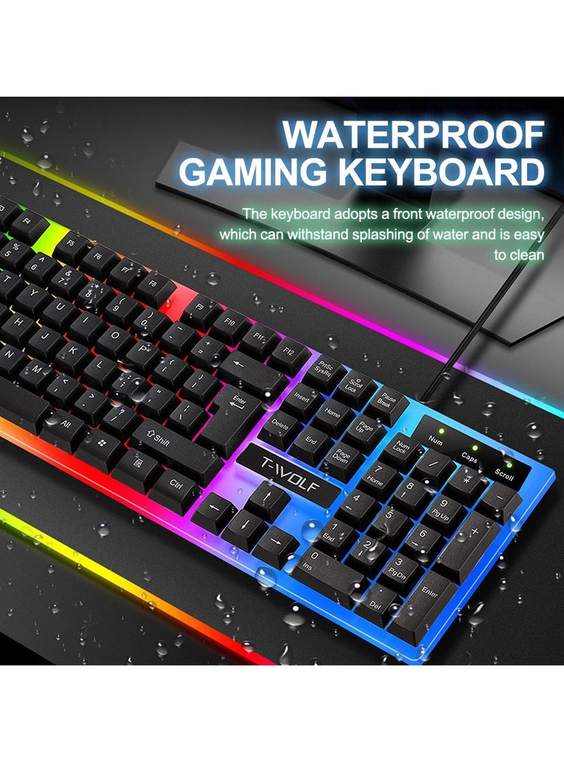 T-WOLF Gaming Keyboard and Mouse Combo - 104-Key Compact RGB Backlit Gaming Keyboard with Mechanical Feel, Floating Keycaps, Splash-Proof Design & RGB Mouse with Adjustable Weight, USB Optical Mouse for PC/Laptop - Image 2