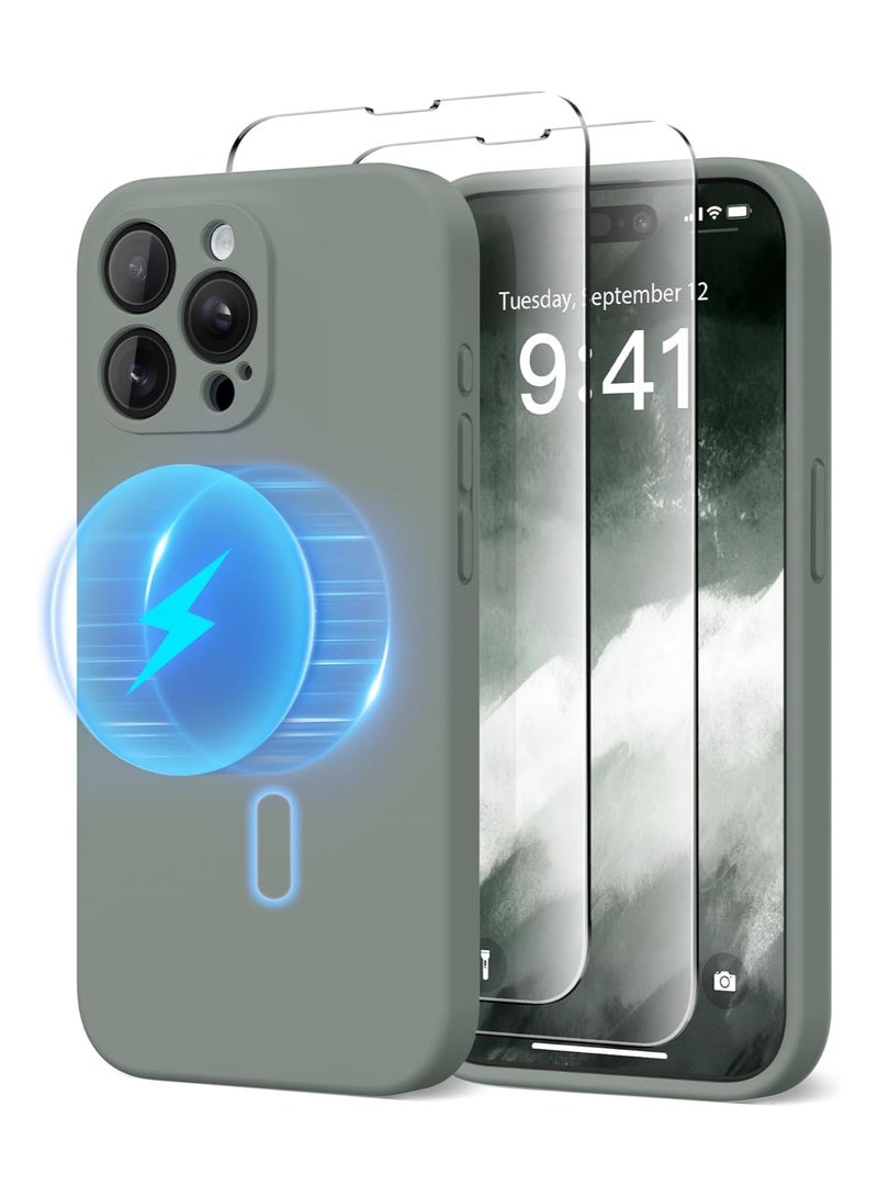 ELTRAZONE Strong Magnetic for iPhone 15 Pro Max Case Silicone, Compatible with MagSafe, [Camera Protection][2X Screen Protectors]Slim Protective Case, Soft Anti-Scratch Microfiber Lining, Calke Green - Image 1