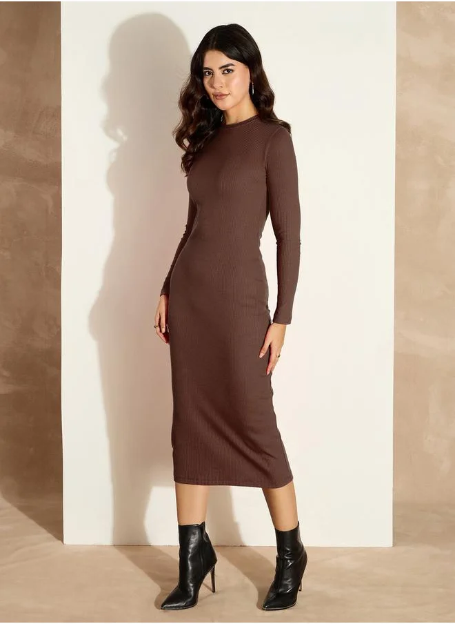 SASSAFRAS Ribbed Long Sleeves Bodycon Midi Dress