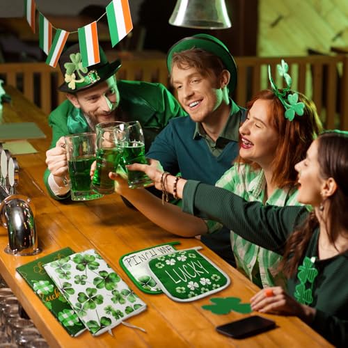 Bencailor 6 Pcs St Patricks Day Kitchen Decor Set Kitchen Towels Oven Mitts Pot Holder Irish Shamrocks Leprechauns Gnome Rainbow Lucky Party Gifts Decorations for Home Housewarming - Image 3