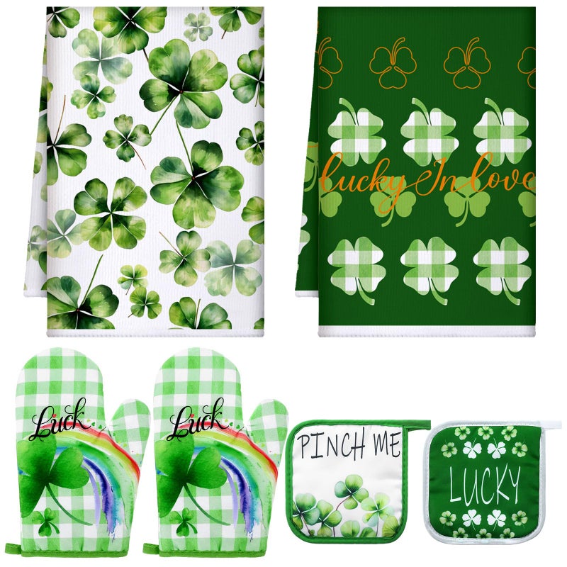 Bencailor 6 Pcs St Patricks Day Kitchen Decor Set Kitchen Towels Oven Mitts Pot Holder Irish Shamrocks Leprechauns Gnome Rainbow Lucky Party Gifts Decorations for Home Housewarming - Image 2