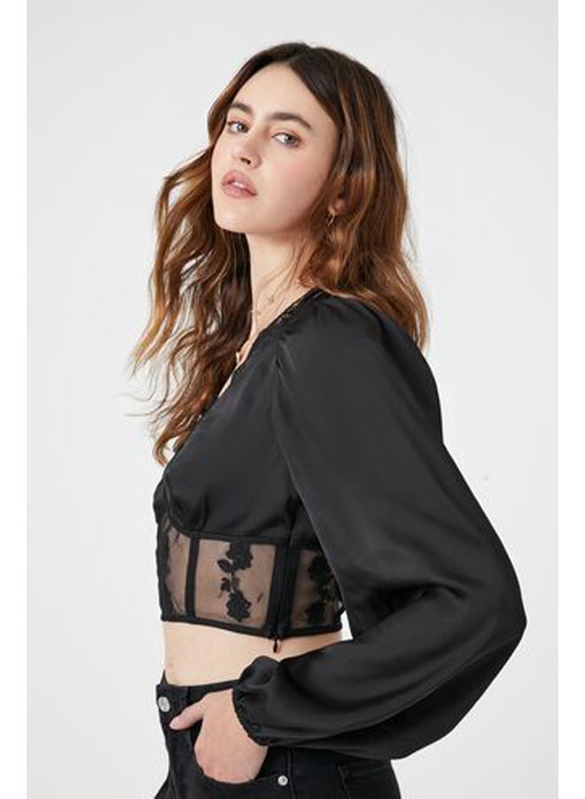 Satin Lace-Trim Mesh Top