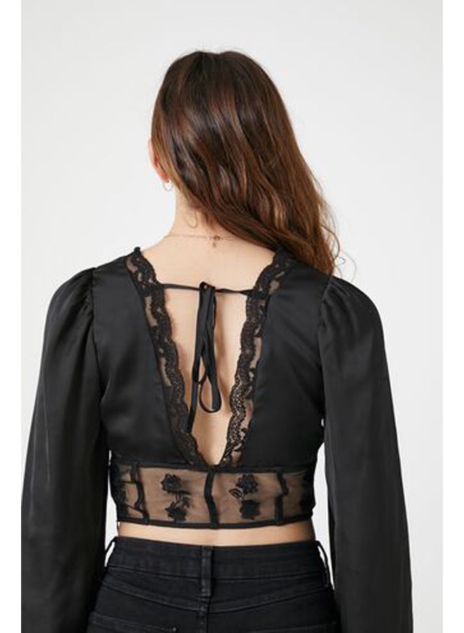 Satin Lace-Trim Mesh Top