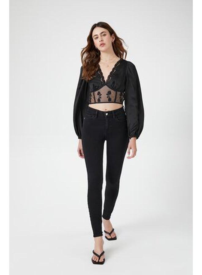 Satin Lace-Trim Mesh Top