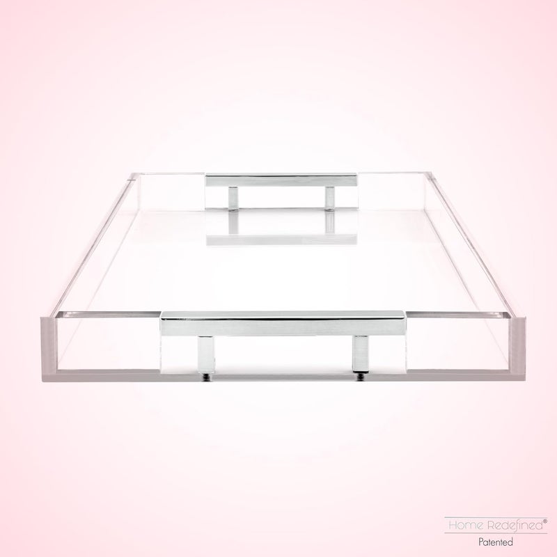 Home Redefined صينية ديكورية حديثة 16x12 بوصة من الأكريليك واللوسيت والبلاستيك مع مقابض معدنية من الفولاذ المقاوم للصدأ باللون الفضي، لديكور المنزل، صينية عثمانية، صينية طاولة القهوة، صينية طعام من - Image 4