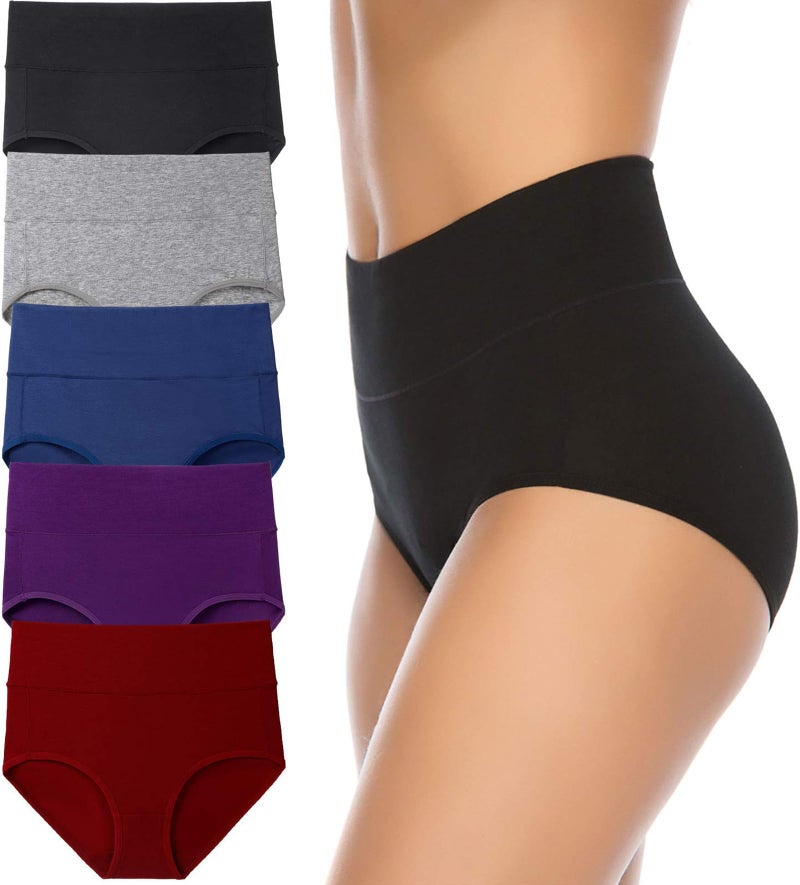 Annenmy Women's High Waist Cotton Underwear Soft Brief Panties Regular and Plus Size, Dark Colors, 5-pack, Large - Image 1