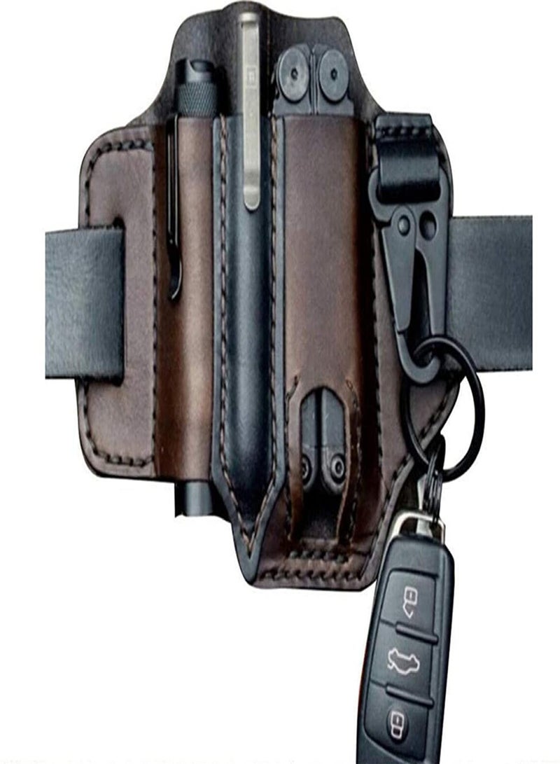 Generic Multitool Sheath for Belt, Leather EDC Pocket Organizer for Men, Leatherman Sheath with Pen Holder, Key Fob, Flashlight Sheath, EDC Leather Pouch (Brown)  - Image 1