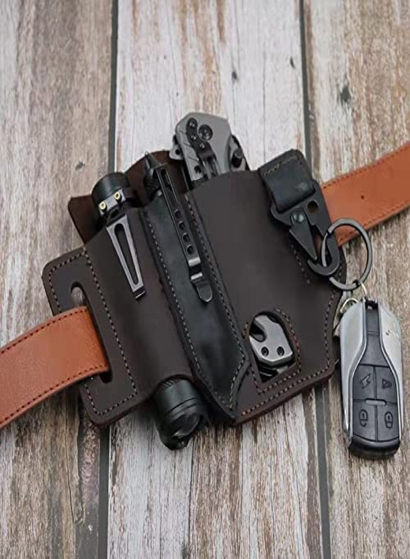 Generic Multitool Sheath for Belt, Leather EDC Pocket Organizer for Men, Leatherman Sheath with Pen Holder, Key Fob, Flashlight Sheath, EDC Leather Pouch (Brown)  - Image 2