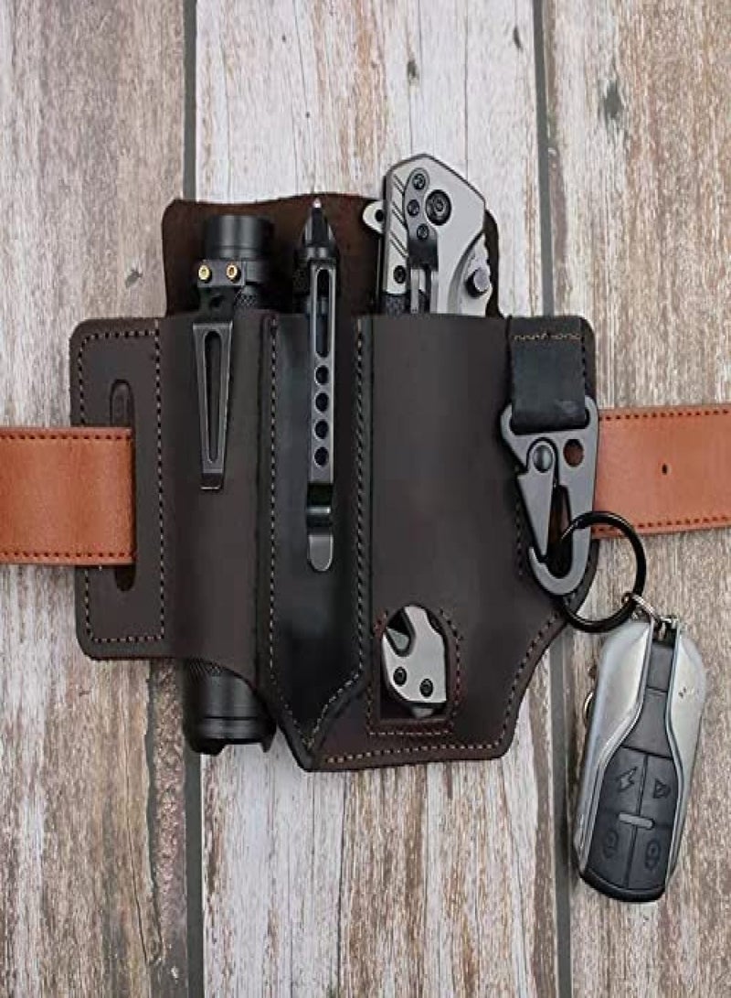 Generic Multitool Sheath for Belt, Leather EDC Pocket Organizer for Men, Leatherman Sheath with Pen Holder, Key Fob, Flashlight Sheath, EDC Leather Pouch (Brown)  - Image 5