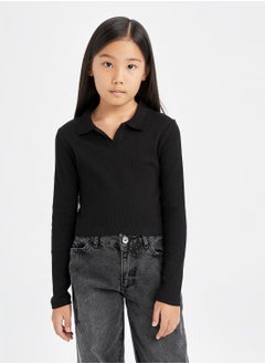 DeFacto Cropped Polo Neck Ribbed Long Sleeve T-Shirt  - Image 1