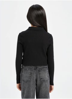 DeFacto Cropped Polo Neck Ribbed Long Sleeve T-Shirt  - Image 2