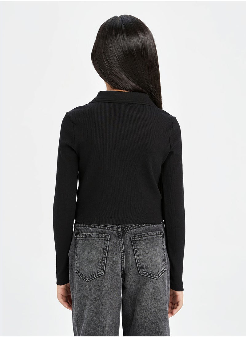 DeFacto - Cropped Polo Neck Ribbed Long Sleeve T-Shirt - Image 1
