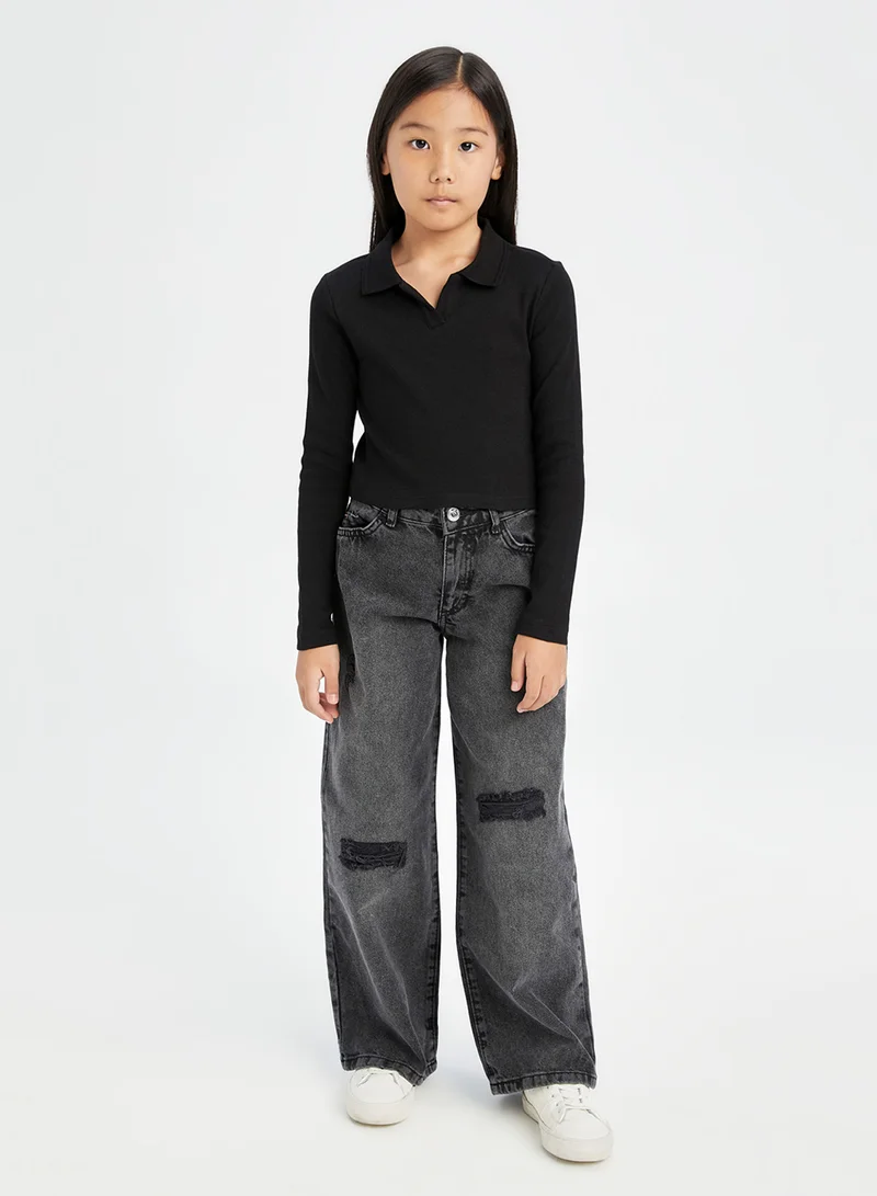 DeFacto Cropped Polo Neck Ribbed Long Sleeve T-Shirt