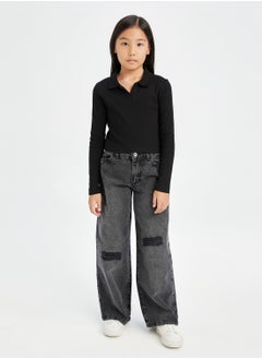 DeFacto Cropped Polo Neck Ribbed Long Sleeve T-Shirt  - Image 3