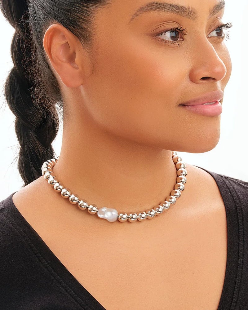 NUZON Chunky Baroque Pearl Choker Necklace for Women Stainless Steel Round Ball Beaded Necklace Large Simulated Pearl Statement Jewelry Adjustable 16'' - Image 2