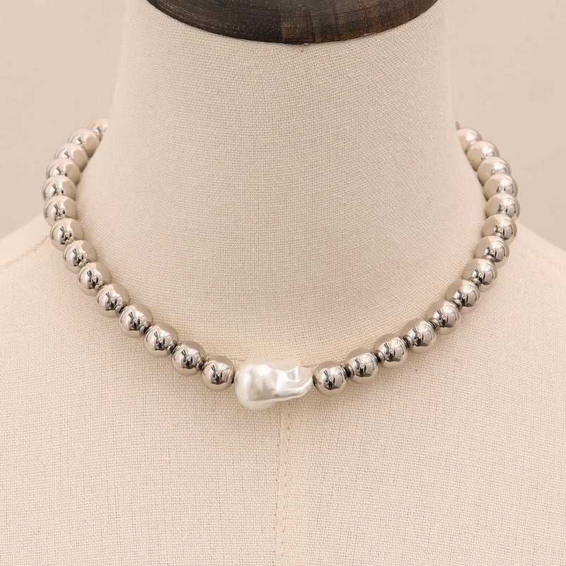 NUZON Chunky Baroque Pearl Choker Necklace for Women Stainless Steel Round Ball Beaded Necklace Large Simulated Pearl Statement Jewelry Adjustable 16'' - Image 3