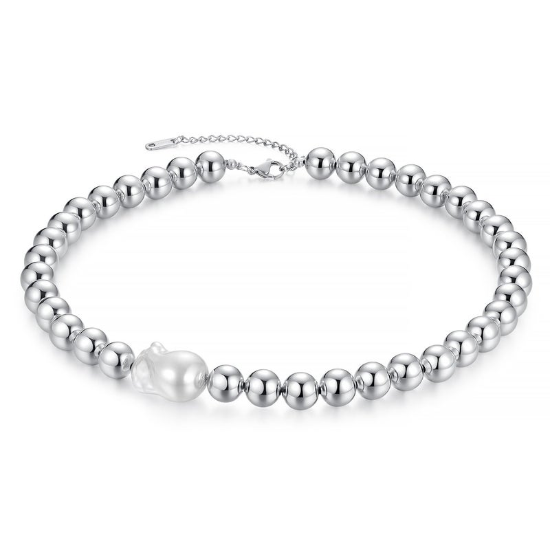 NUZON Chunky Baroque Pearl Choker Necklace for Women Stainless Steel Round Ball Beaded Necklace Large Simulated Pearl Statement Jewelry Adjustable 16'' - Image 1