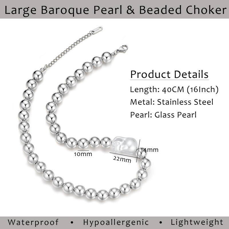 NUZON Chunky Baroque Pearl Choker Necklace for Women Stainless Steel Round Ball Beaded Necklace Large Simulated Pearl Statement Jewelry Adjustable 16'' - Image 4