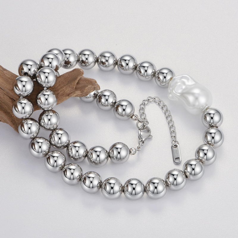 NUZON Chunky Baroque Pearl Choker Necklace for Women Stainless Steel Round Ball Beaded Necklace Large Simulated Pearl Statement Jewelry Adjustable 16'' - Image 5