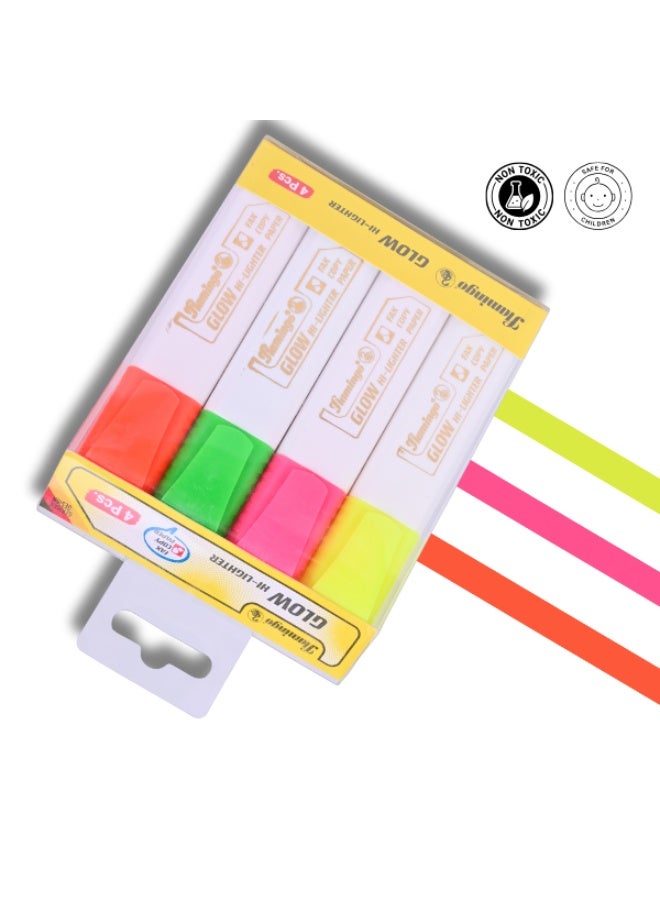 Flamingo GLOW HI-LIGHTER - Pack of 4 Assorted Colors - Non-Toxic - Image 1