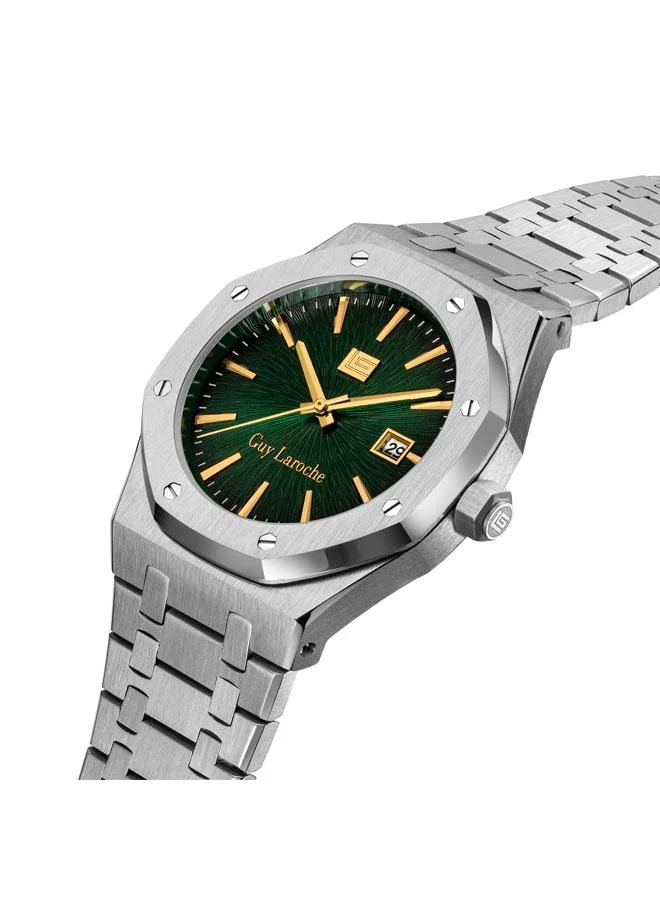 Guy Laroche Sam Green Dial Silver Metal Bracelet Analog Watch for Men 42mm