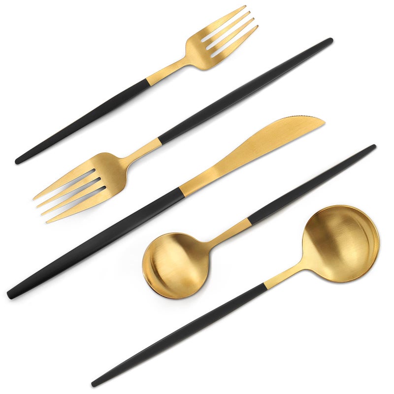 VANVRO Matte Black Gold Silverware Set 20Piece Stainless Steel Flatware Set Satin Finish tableware Cutlery Set Service for 4 Home and Restaurant Dishwasher Safe