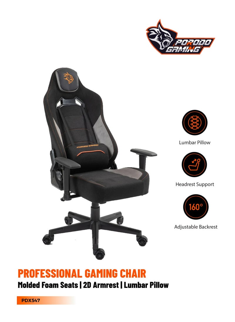 porodo Professional Gaming Chair with Molded Foam Seats and Class 4 Gas Lift and 2D Armrest, Lumbar Pillow, Headrest, Ergonomic Design, Comfortable & Durable Gaming Chair - Black  - Image 1