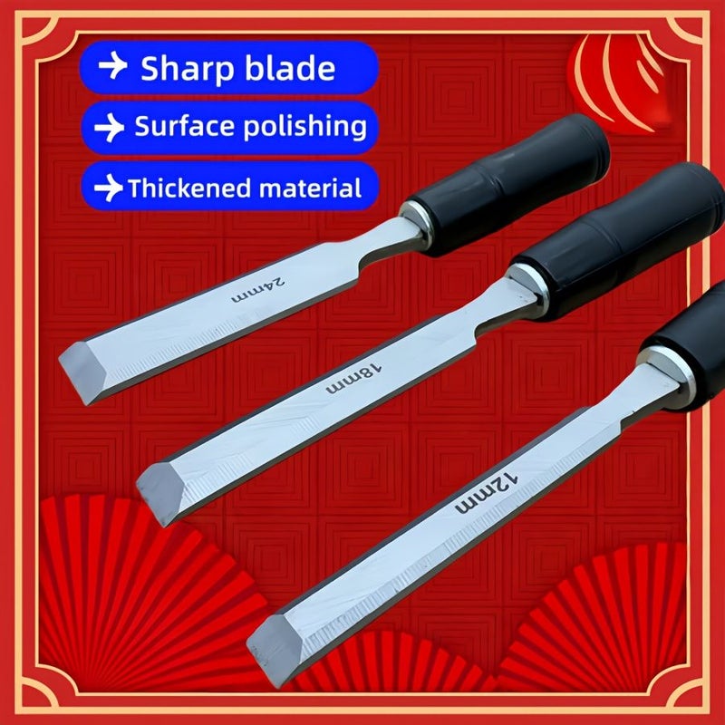 3Pcs Woodworking Chisel Set 12mm 18mm 24mm Ergonomic Handle for Mortising Slotting - Image 2