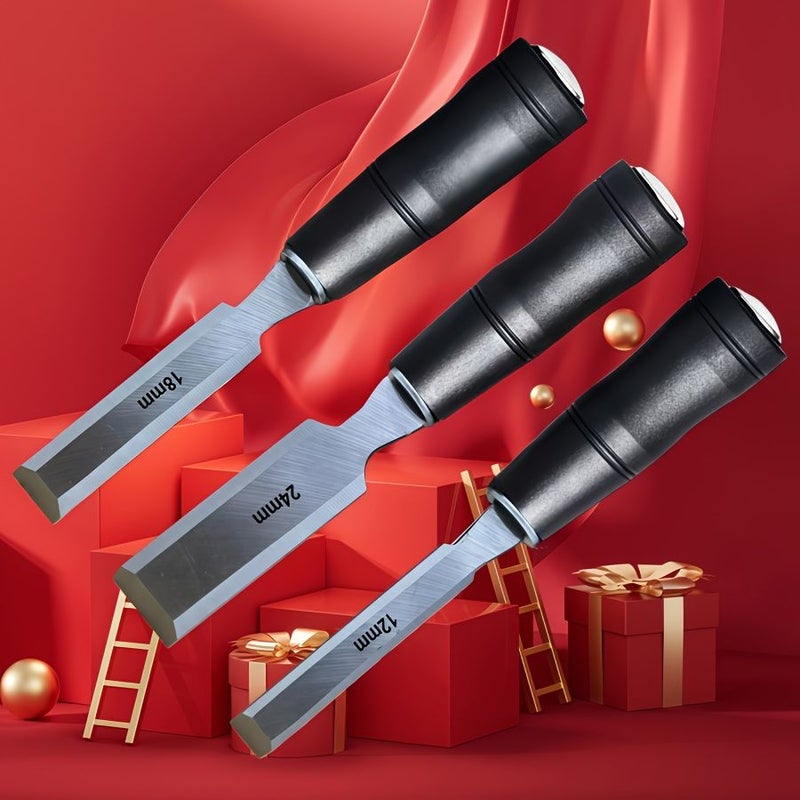 3Pcs Woodworking Chisel Set 12mm 18mm 24mm Ergonomic Handle for Mortising Slotting - Image 1