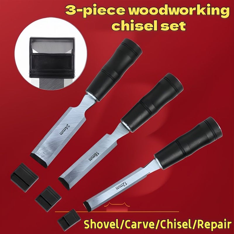 3Pcs Woodworking Chisel Set 12mm 18mm 24mm Ergonomic Handle for Mortising Slotting - Image 3